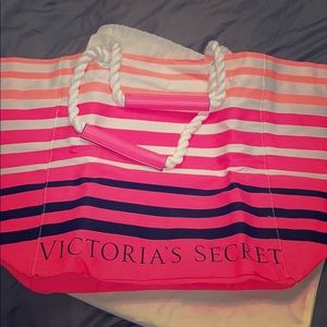 VS Pink/bBlack Striped Beach Canvas Bag